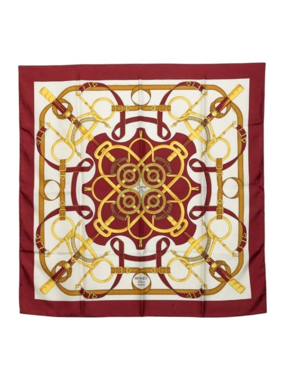 Hermes Carre 90 Apron D'or Yellow Gold Spurs Scarf Wine Red White Silk